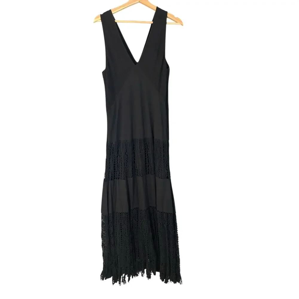 VTG Y2K Black Cotton Boho Maxi Dress Medium Smocked Crochet Knit‎ Slip Casual
